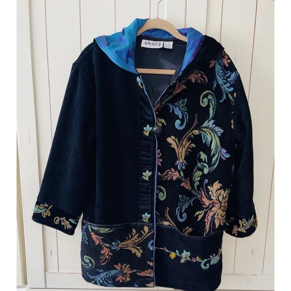 VTG Anage Black Tapestry Embroidered Floral Corduroy Jacket Medium